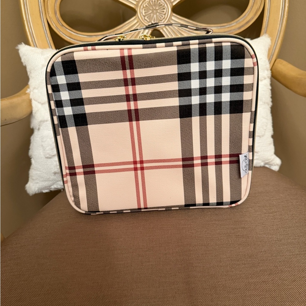 Plaid Cosmetic Train Case with Top Handle - Beige/Tan/Black/Red